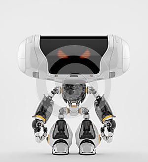 White angry robot toy with digital red eyes, 3d rendering