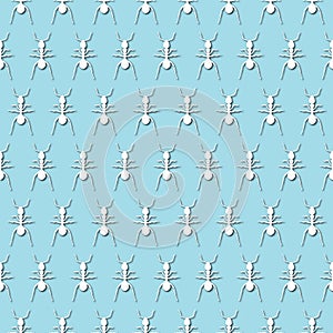 White ant, emmet, pismire silhouette on pale blue background, seamless pattern. Paper cut style