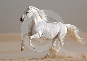 White Arab horse runs gallop in the sand