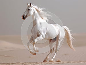 White Arab stallion runs gallop on sand dune in the desert