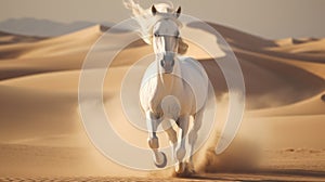 White arabian horse runs gallop in dust desert