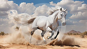 White arabian horse runs gallop in dust desert