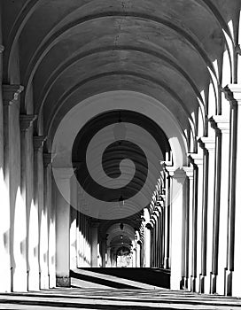 White arcades of a staircase with black and white effect