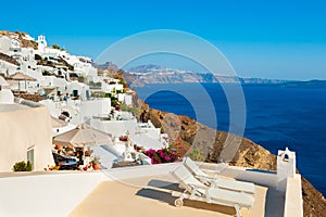 White architecture and blue sea on Santorini island, Greece