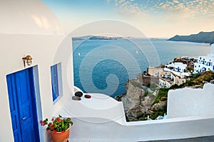 White architecture in Oia village. Santorini island, Greece