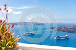 White architecture on Santorini island, Greece. Beautiful landscape with sea bay volcano view cruise ships