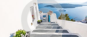 White architecture on Santorini island, Greece. Beautiful landscape, sea view cruise ship