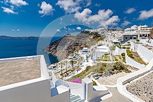 White architecture on Santorini island, Greece. Beautiful landscape, sea view, stairs idyllic sunny blue sky clouds