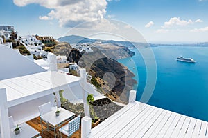 White architecture in Santorini island, Greece. Beautiful sea view in sunny day