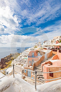 White architecture Santorini island, Greece. Beautiful summer landscape, sea view. Oia village