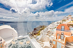 White architecture Santorini island, Greece. Beautiful summer landscape, sea view. Oia village