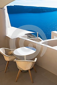 White architecture in Santorini island, Greece. Beautiful terrace with sea view