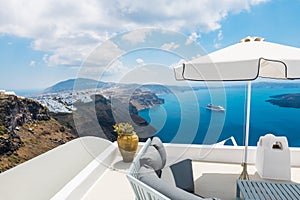 White architecture in Santorini island, Greece. Beautiful terrace with sea view