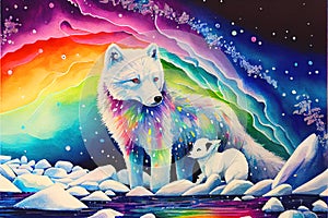 White arctic fox and baby cub global warming ice melting Northern lights