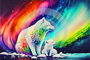 White arctic fox and baby cub global warming ice melting Northern lights
