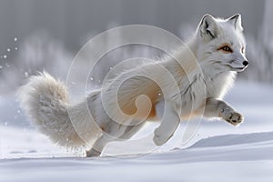 A white arctic fox is energetically running through a snowy landscape