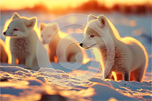 White Arctic fox foxes pup pups puppy puppies in snow