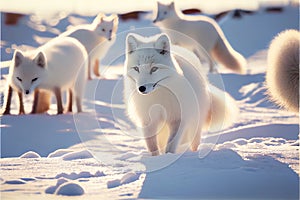 White Arctic fox foxes in snow