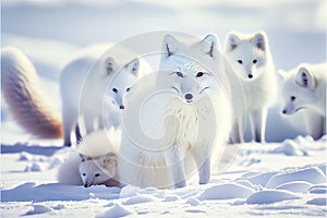 White Arctic fox foxes in snow