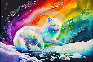 White arctic fox global warming ice melting Northern lights