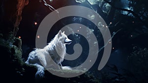 White arctic fox sitting on rock or stone. white fox with howling under the full moon. generative ai