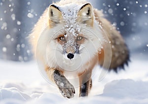 White arctic fox walking in the snow. AI generated