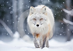 White arctic fox walking in the snow. AI generated