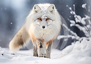White arctic fox walking in the snow. AI generated
