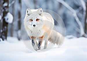 White arctic fox walking in the snow. AI generated