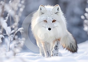 White arctic fox walking in the snow. AI generated