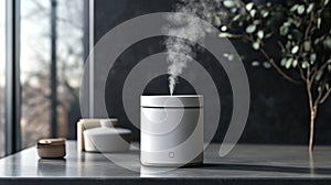White aroma diffuser emitting steam on countertop