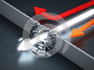 White arrow breaking the wall and passing to the other side. 3D illustration