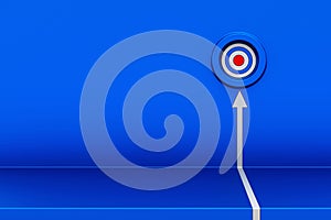 White arrow hit the target on blue metal wall. White arrow climbing up over, 3d arrow going upward, business strategy and target