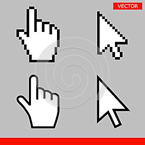 White arrow and pointer hand cursor icon set.