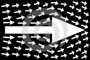 White arrows on black background, teamwork concept, business direction