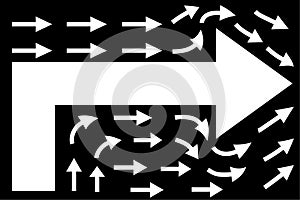 White arrows on black background, teamwork concept, business direction