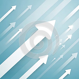 White arrows of varying sizes pointing upwards on a light blue background. The