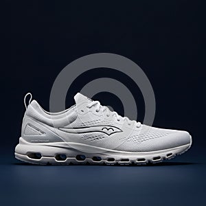 White athletic sneaker with a streamlined design and mesh upper for breathability. photo