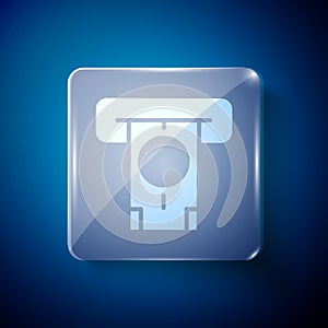 White ATM - Automated teller machine and money icon isolated on blue background. Square glass panels. Vector