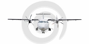 White ATR 42 type commercial airplane isolated on white background.