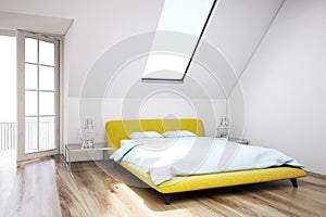 White attic bedroom, wooden floor, closeup