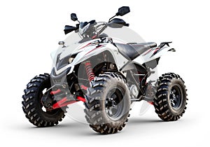 A white ATV with black tires and red accents