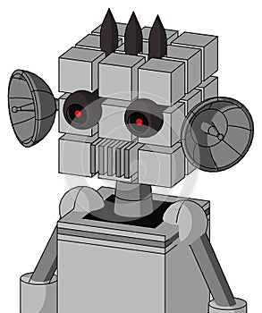 White Automaton With Cube Head And Vent Mouth And Black Glowing Red Eyes And Three Dark Spikes