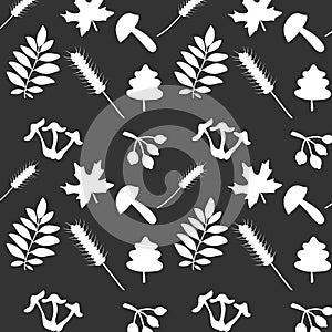 White autumn elements seamless pattern isolated on black background. Leaves, mushrooms wheat endless repeated print.