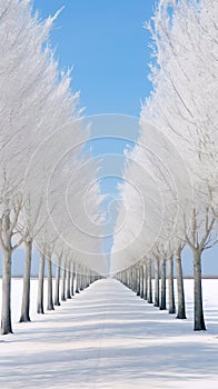 A white avenue trees going into white avenue in the distance white sky Generative AI