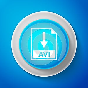 White AVI file document icon isolated on blue background. Download AVI button sign. Circle blue button with white line