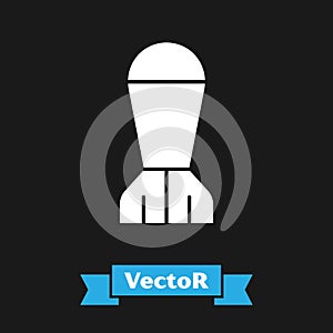 White Aviation bomb icon isolated on black background. Rocket bomb flies down. Vector