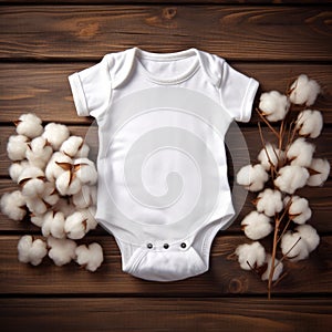 White baby bodysuit and cotton flowers on a brown wooden background