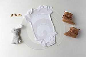 White Baby Bodysuit, Shoes, Toy & Letters - Baby One Piece Mockup