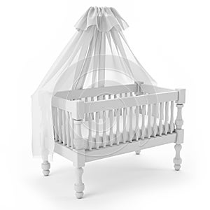 White baby crib with canopy isolated on white background
